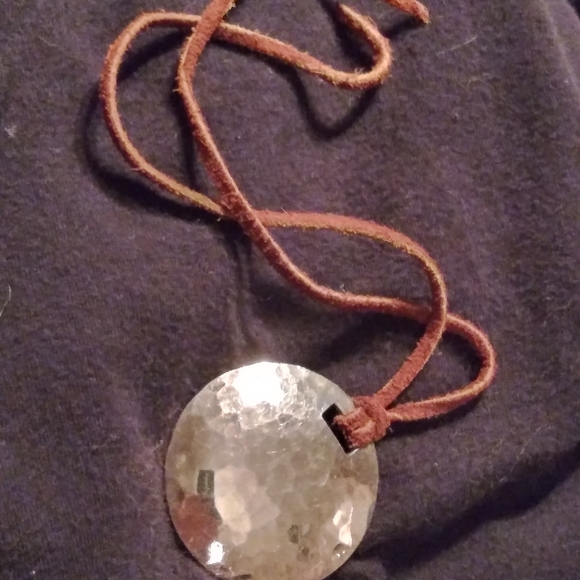 Mexico Jewelry - Silver 925 Mexico hammered disc choker necklace on rawhide strap. Sm neck